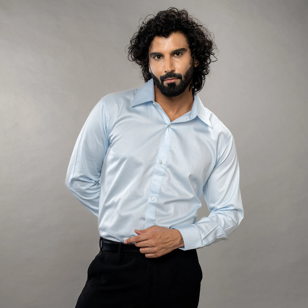 pure Giza Cotton shirt featuring a spread collar and round cuffs — polished,