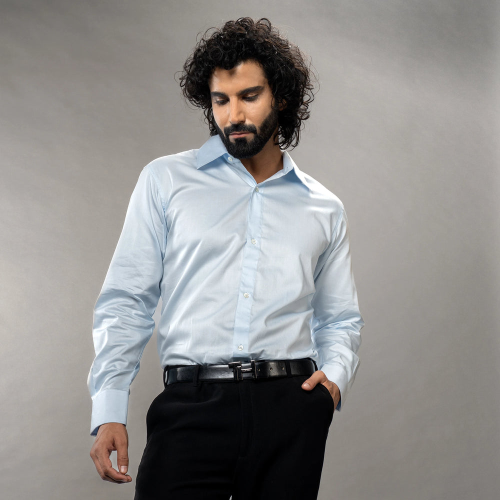 pure Giza Cotton shirt featuring a spread collar and round cuffs — polished, low angle