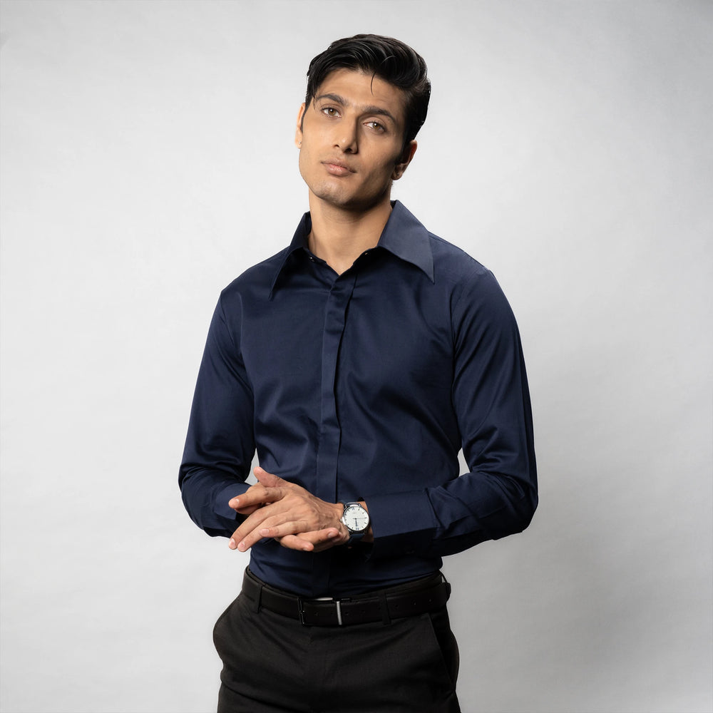 rare spear‑point collar, The Lance Collar merges sharp design with the softness and sheen of premium Giza Cotton and embellishment of natural mother‑of‑pearl buttons