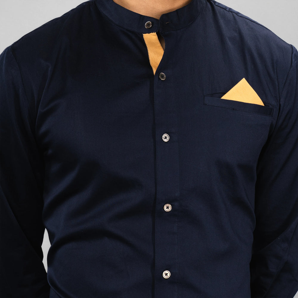 contrast inner placket and mother‑of‑pearl buttons,