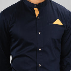 contrast inner placket and mother‑of‑pearl buttons,