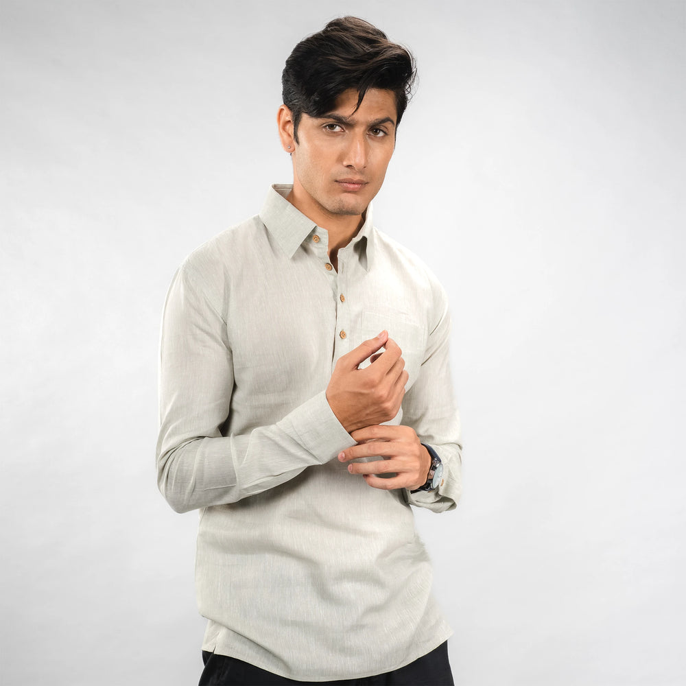 A casual‑luxury linen half‑placket shirt