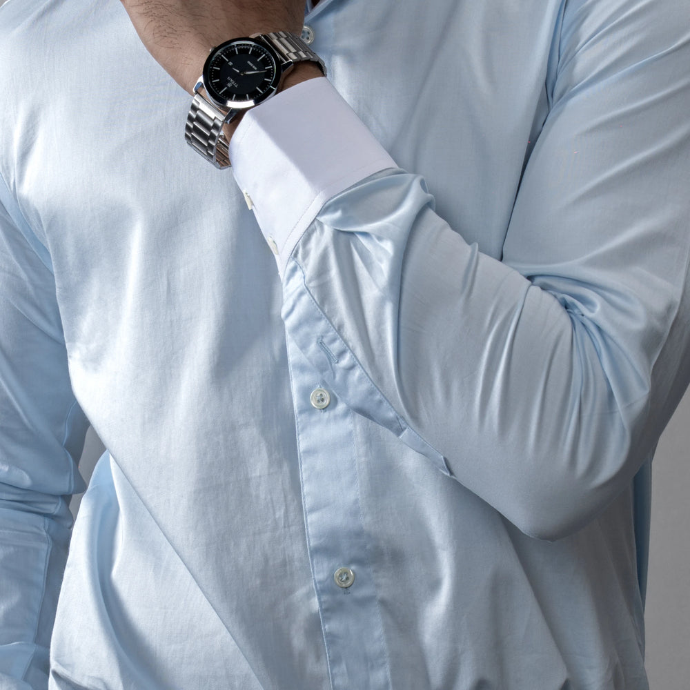 close up of model wearing a brand appril a contrast white club collar and cuffs, this Giza Cotton shirt blends legacy charm with modern precision.