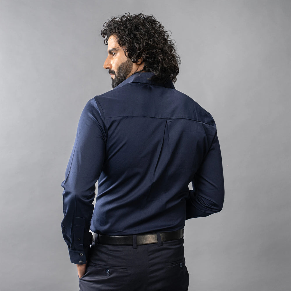 man wearing navy blue premium party wear shirt