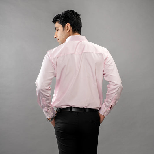 Giza Cotton shirt featuring a spread collar and round cuffs — polished model posing backward