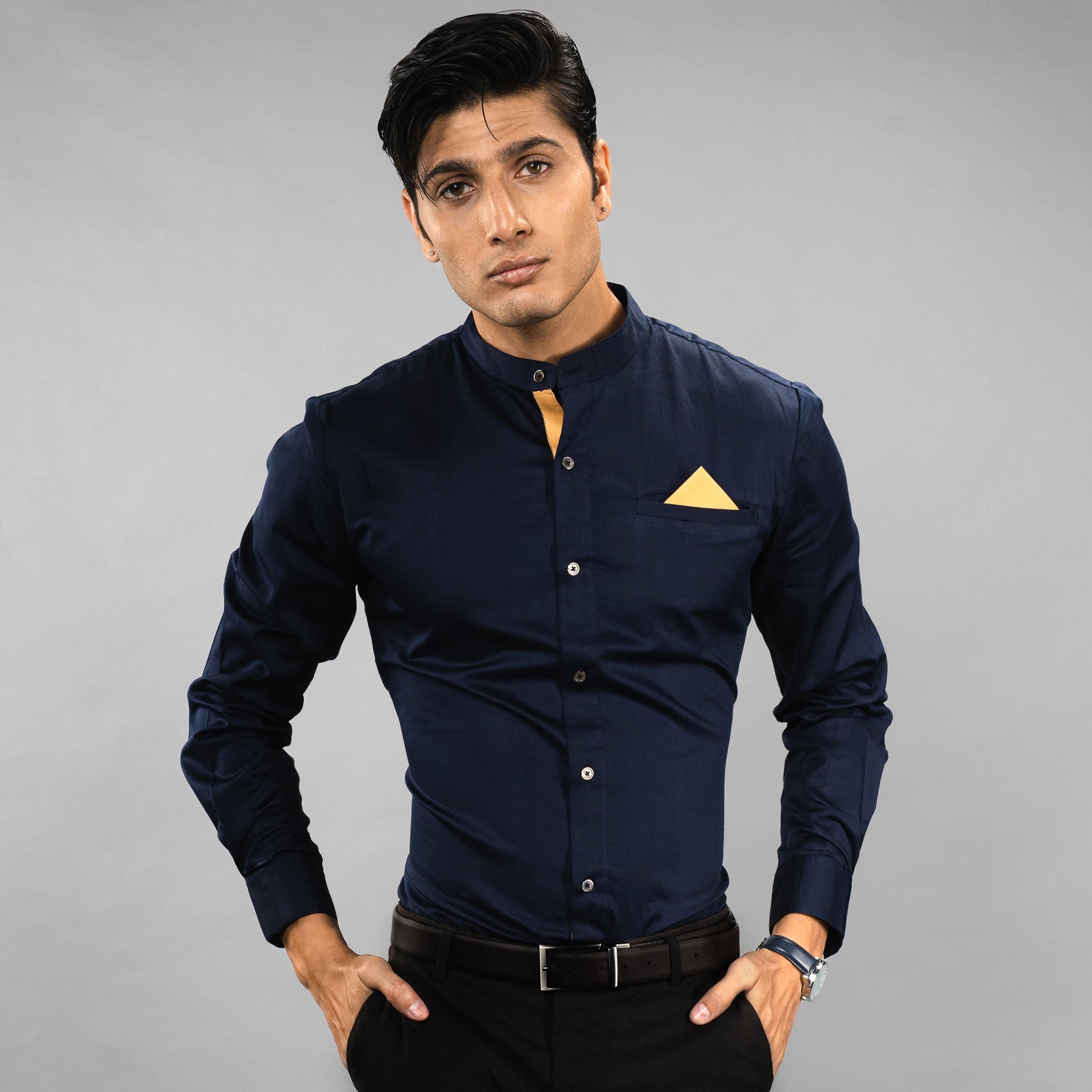 Cut in luxurious Giza Cotton, The Mandarin Luxe blends the sleek minimalism of a mandarin collar with welt pocket