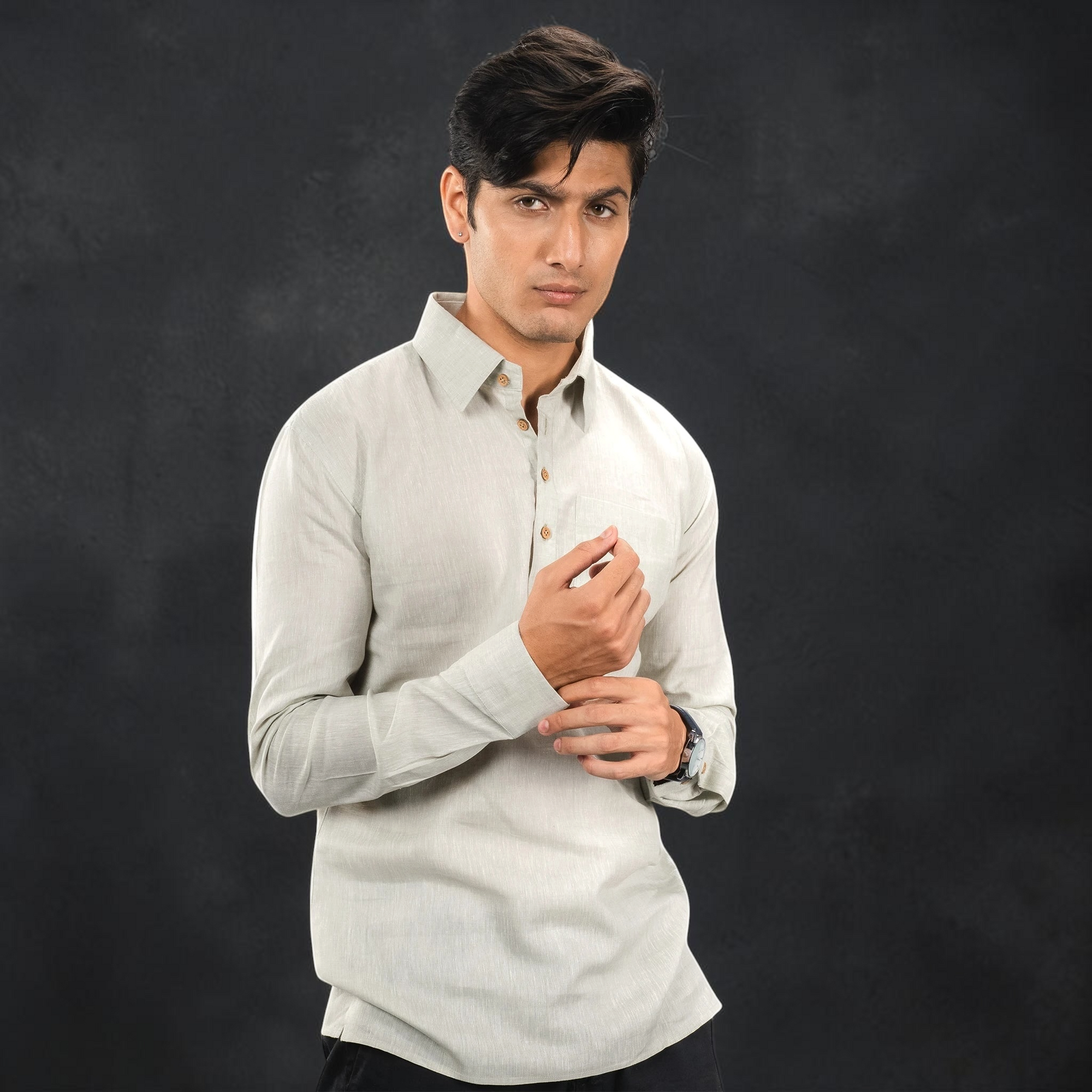 A casual‑luxury linen half‑placket shirt