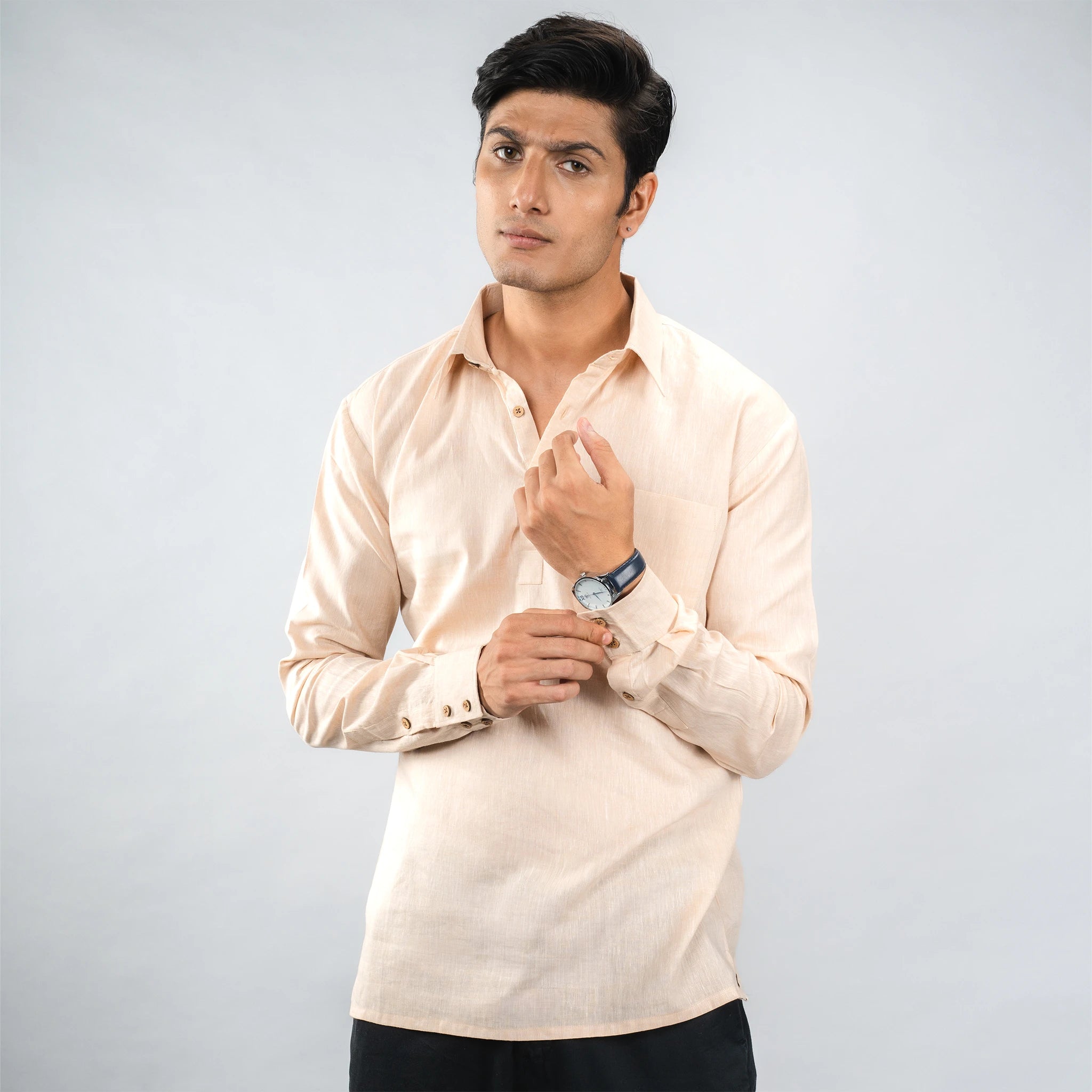 casual‑luxury linen half‑placket shirt 