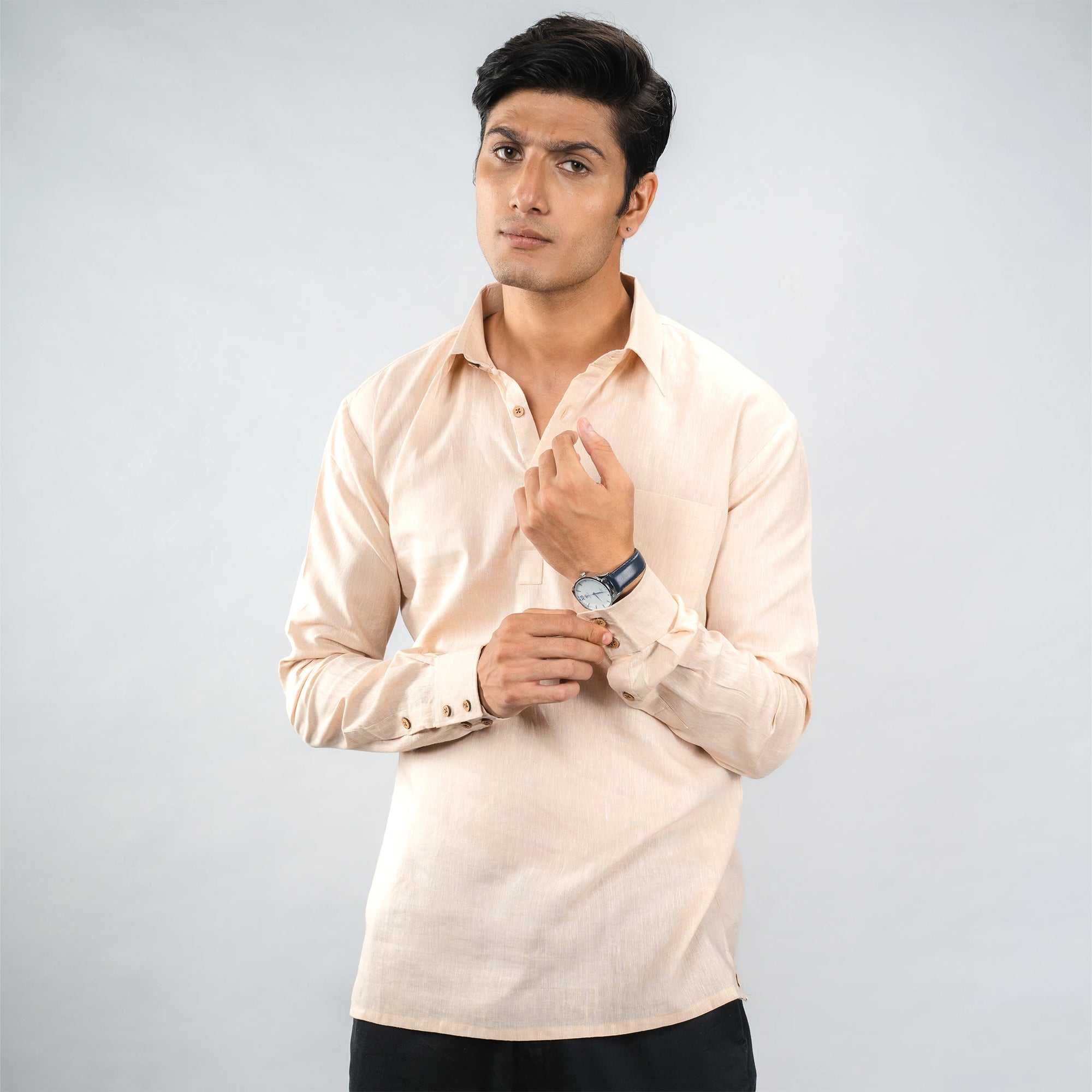 casual‑luxury linen half‑placket shirt 