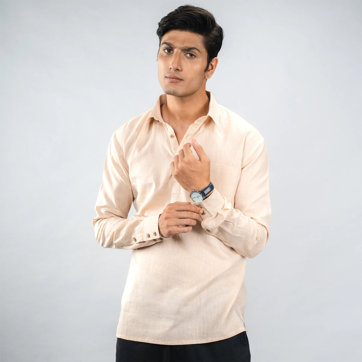 casual‑luxury linen half‑placket shirt 