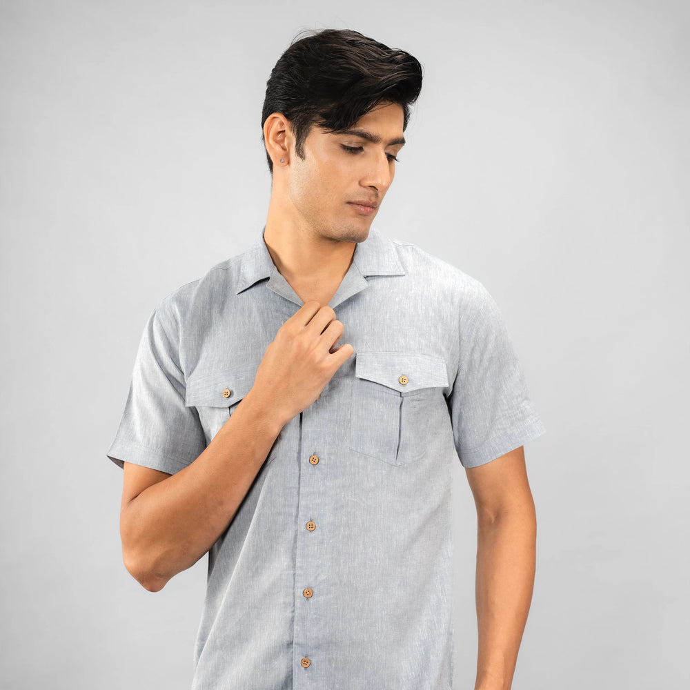 This premium linen camp‑collar shirt with dual chest pockets finished 