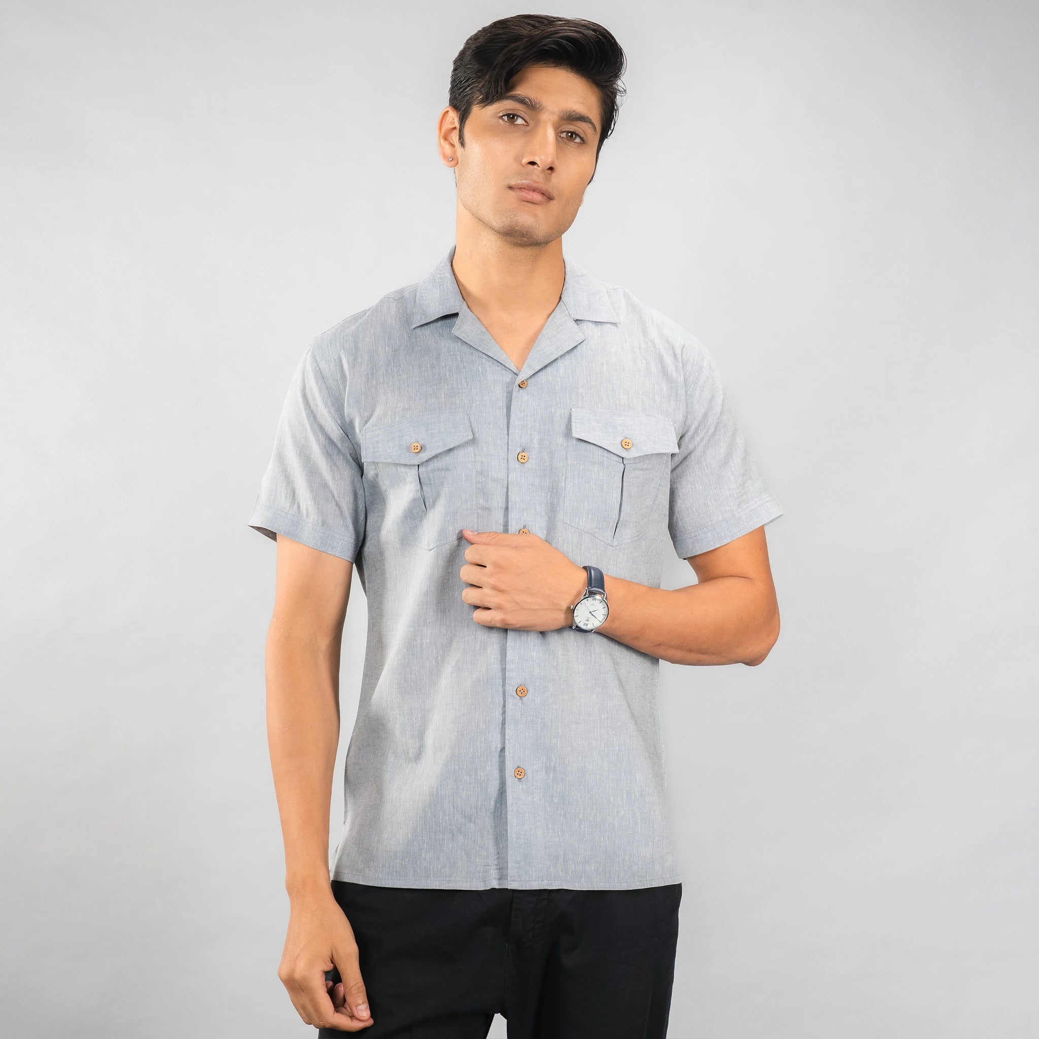 premium linen camp‑collar shirt with dual chest pockets of brand appril