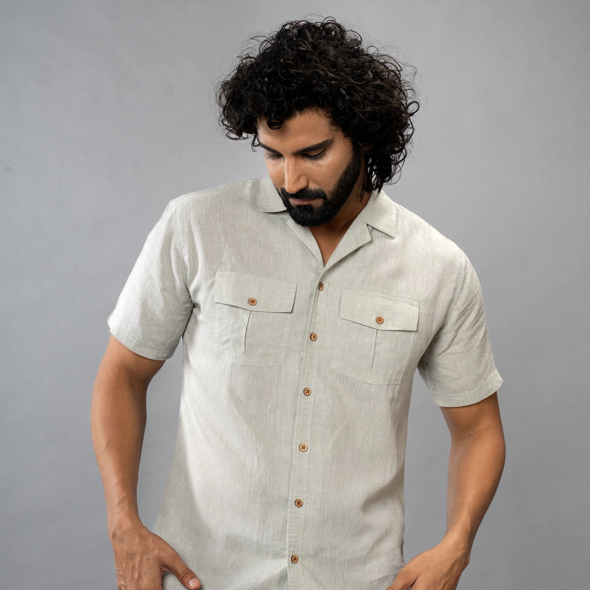 Man wearing a premium linen camp‑collar shirt  short-sleeve shirt 
