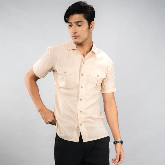 premium linen camp‑collar shirt with dual chest pockets finished with natural coconut shell buttons blends comfort with refined adventure‑ready style.