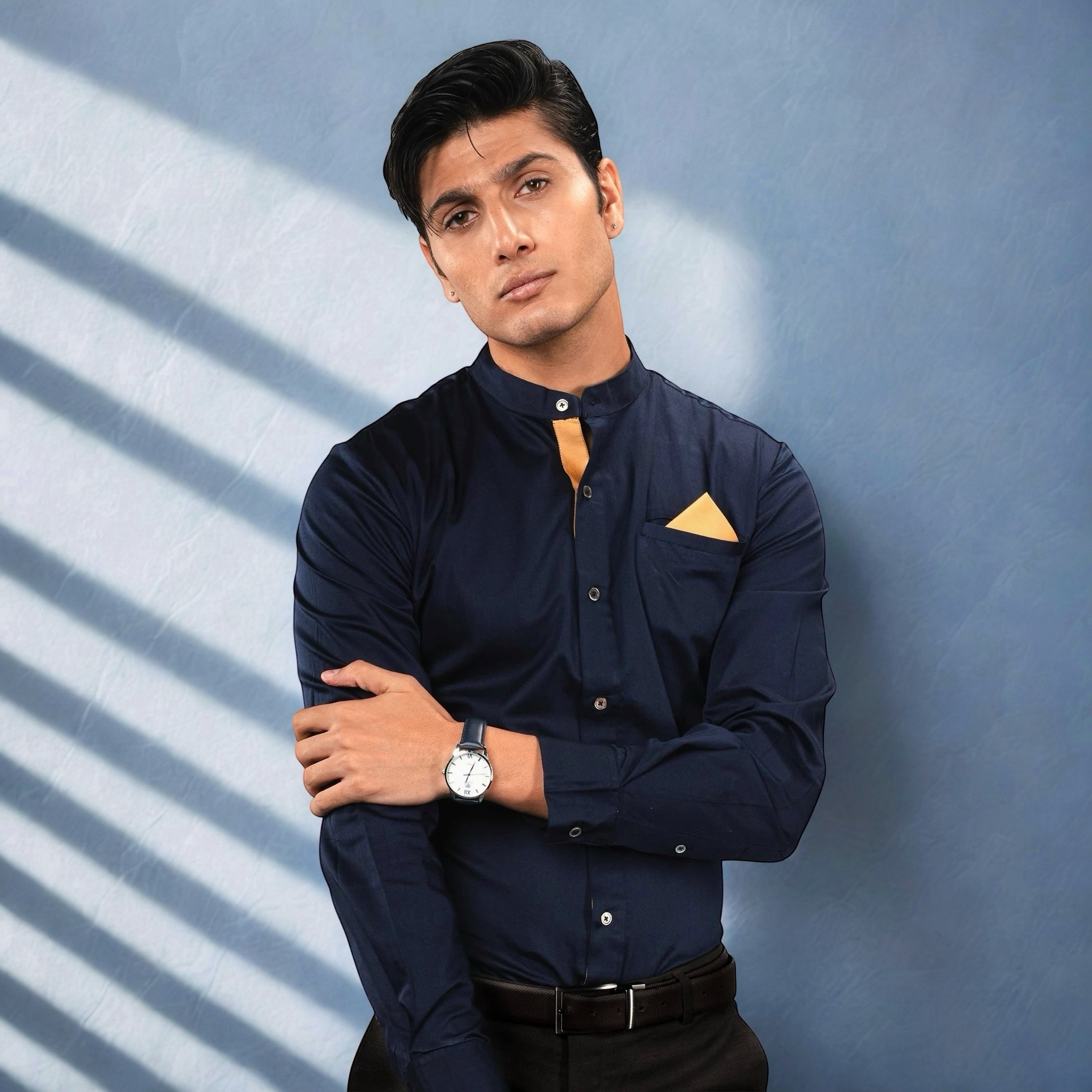 The Mandarin Luxe – Maritime Blue Luxury Shirt for Men