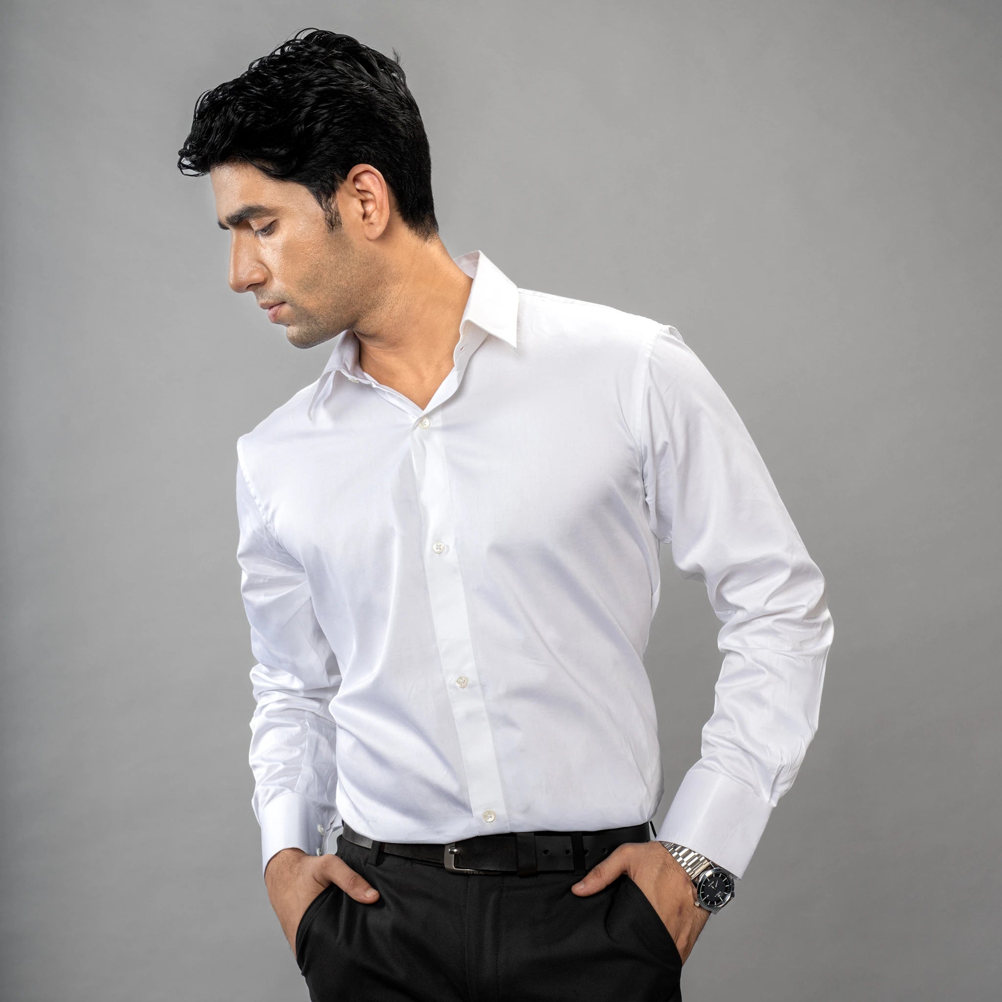 Luxury bright white formal shirt for men with tailored fit and premium fabric
