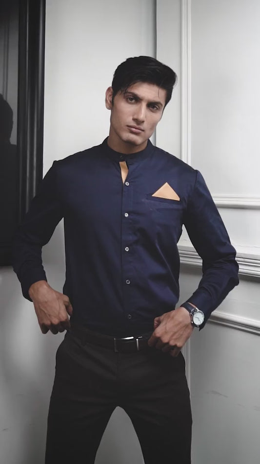 The Mandarin Luxe – Maritime Blue Luxury Shirt for Men